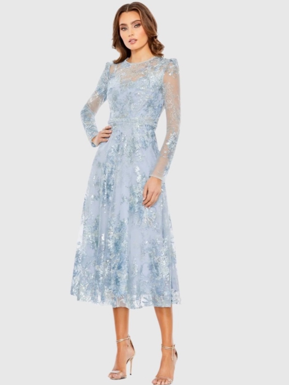 NEW  Mac Duggal Embellished Illusion Long Sleeve Midi Dress in powder blue 10